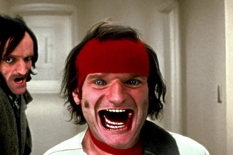 Image similar to Robin Williams as Jack Torrance shouting here’s Johnny The Shining 1980