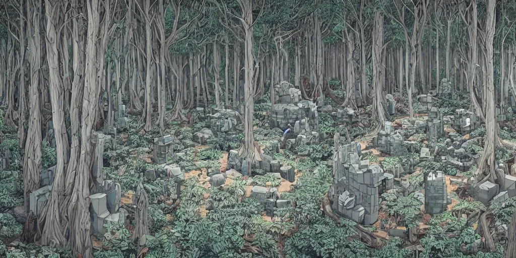 Prompt: 3d forest scene in the year 2020 with a single small brutalism monument in the center by james jean