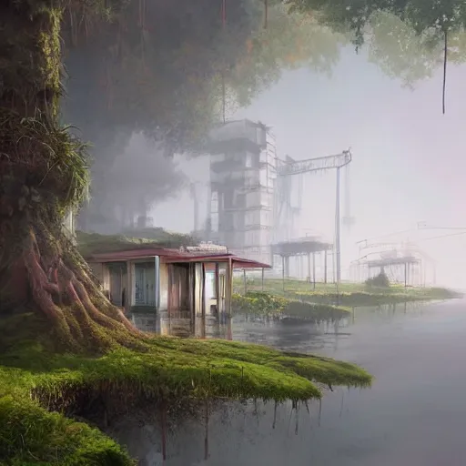 Prompt: a beautiful concept art of floating buildings and infrastructure overgrown moss by alejandro burdisio, artstation