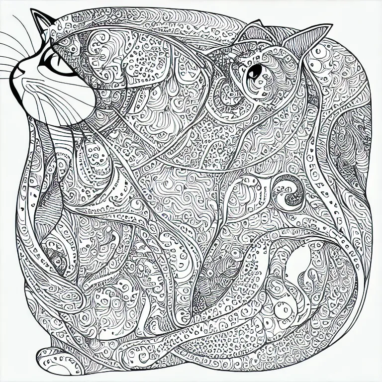 Image similar to cats ornaments fractal ink drawing line art colouring page, vector, margins, fine lines, centered