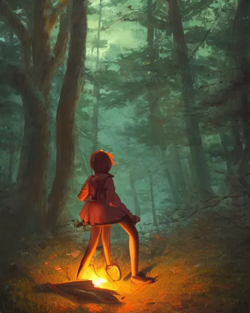 Prompt: A girl camping in the woods, Full shot, Atmospheric lighting, By Makoto Shinkai, Stanley Artgerm Lau, WLOP , Rossdraws, James Jean, Andrei Riabovitchev, Marc Simonetti, krenz cushart, Sakimichan, D&D trending on ArtStation, digital art.