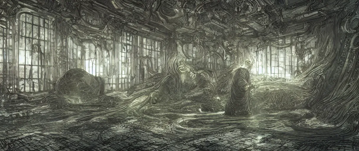 Image similar to baron harkonnen designed by hr giger junji ito moebius yasushi nirasawa, hdr, octane render, emerging from a black oil bath, sanitarium type room with angular windows, sunset emoting through windows, volumetric lighting, photorealistic, 8 k