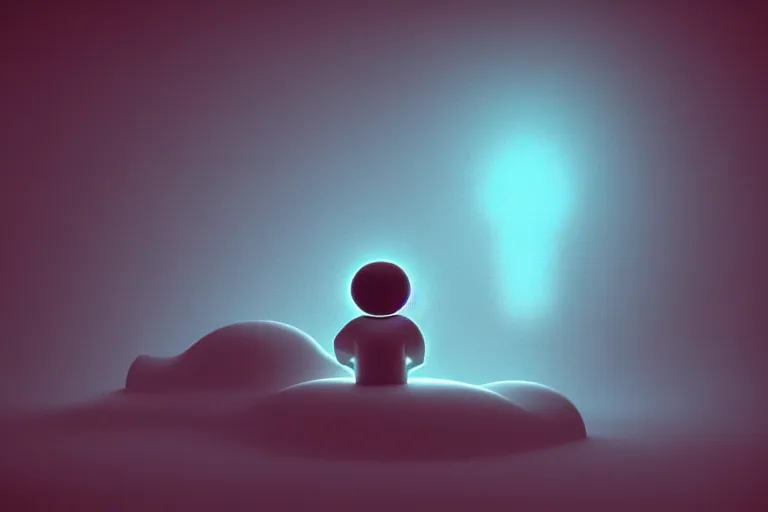 Image similar to a cute alien sitting on a cloud relaxing, misty, glows, blender render, hazy, foggy, red lighting,