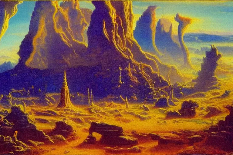 Prompt: cosmic convergence landscape in the style of dr. seuss, tower of babylon, painting by albert bierstadt