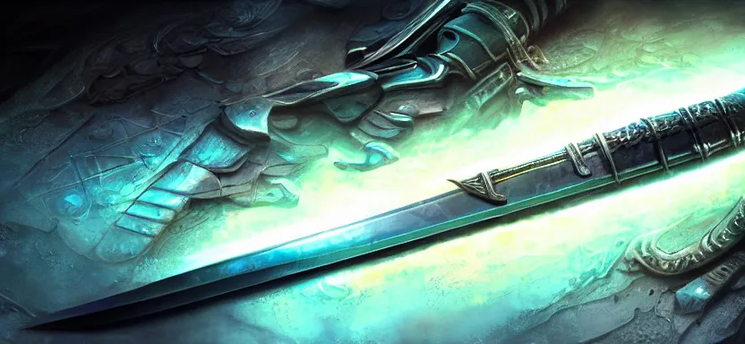Image similar to legendary cybernetic sword lying flat on a glowing table with a long sharp black and iridescent sword blade, digital award winning hd matte painting, intimate dark moody, intricate, ornate spikes, colorful hilt, detailed realistic, raytraced blade, colored gems, future golden technological pommel, in the style of greg rutkowski and krenz cushart, deviantart