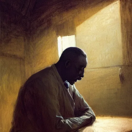 Prompt: a painting of a thinker, thoughtful, focused, visionary, calm, jovial, loving, daddy/fatherly, generous, well fed, elegant elder and his on from Kenya by Henry Ossawa Tanner . dramatic angle, ethereal lights, details, smooth, sharp focus, illustration, realistic, cinematic, artstation, award winning, rgb , unreal engine, octane render, cinematic light, macro, depth of field, blur, red light and clouds from the back, highly detailed epic cinematic concept art CG render made in Maya, Blender and Photoshop, octane render, excellent composition, dynamic dramatic cinematic lighting, aesthetic, very inspirational, arthouse.