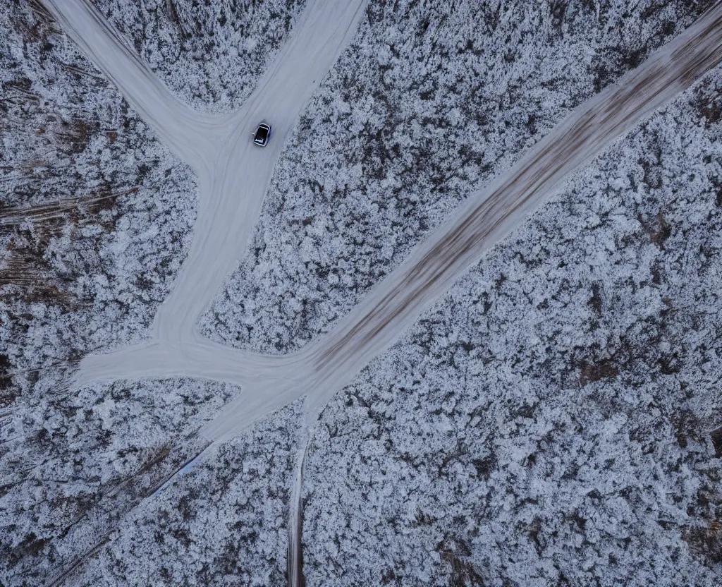 Image similar to A little car driving on an icy road between burning fields of wheat, drone photography, 4k