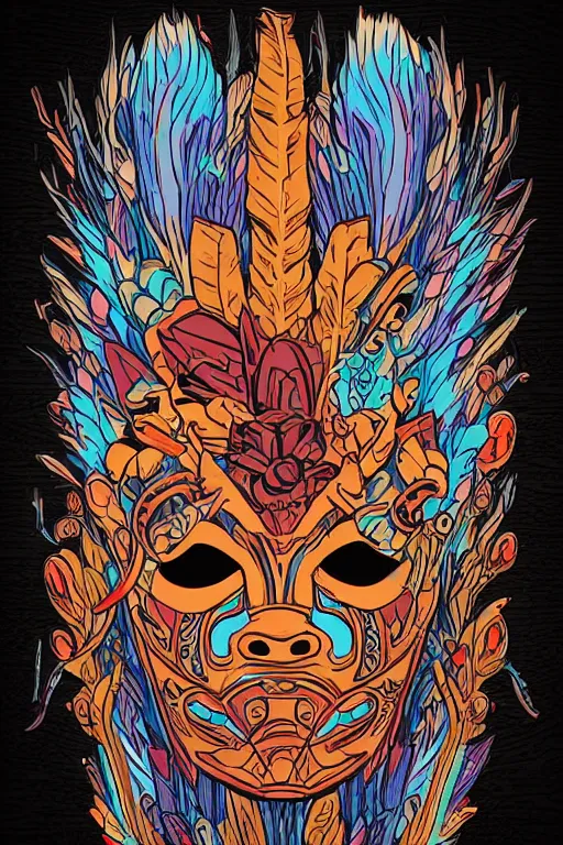 Image similar to animal mask totem roots flower tribal feather gemstone plant wood rock shaman vodoo video game vector cutout illustration vivid multicolor borderlands comics by josan gonzales and dan mumford radiating a glowing aura