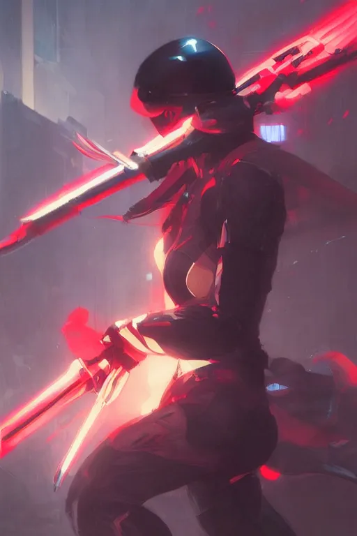 Image similar to portrait of ninja slayer, japan, neon lighting, night city, digital art from artstation by Ruan Jia and Mandy Jurgens and Artgerm and william-adolphe bouguereau and Greg Rutkowski