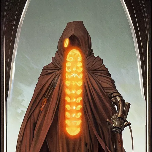 Prompt: huge, impassive black-skinned clone with bronze cybernetic eyes and alien scorpion tail wrapped tightly around neck like scarf, wearing cloak, science fiction alien bestiary by Greg Rutkowski, Alphonse Mucha, and Brom