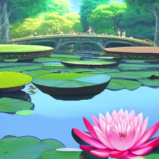 Image similar to a beautiful painting of a water lily pond by yusuke murata and makoto shinkai, cel shaded, unreal engine, highly detailed, iridescent, illustration, artstation,