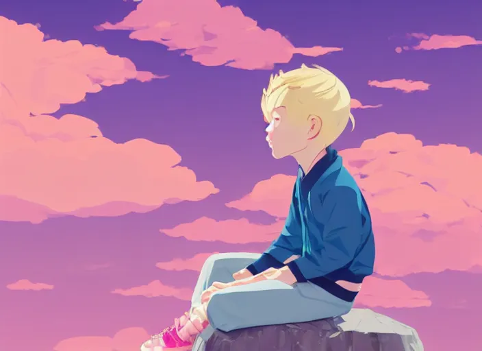 Prompt: a little boy with blonde hair sitting on a cloud in front of a pink and blue sunrise sky. clean cel shaded vector art. shutterstock. behance hd by lois van baarle, artgerm, helen huang, by makoto shinkai and ilya kuvshinov, rossdraws, illustration, art by ilya kuvshinov