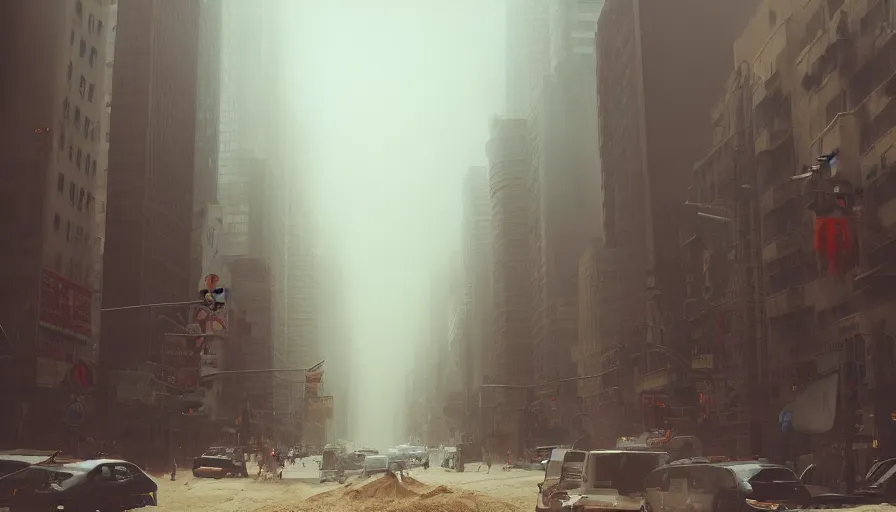 Prompt: new - york city streets under tons of sand during sandstorm, people fleeing, hyperdetailed, artstation, cgsociety, 8 k