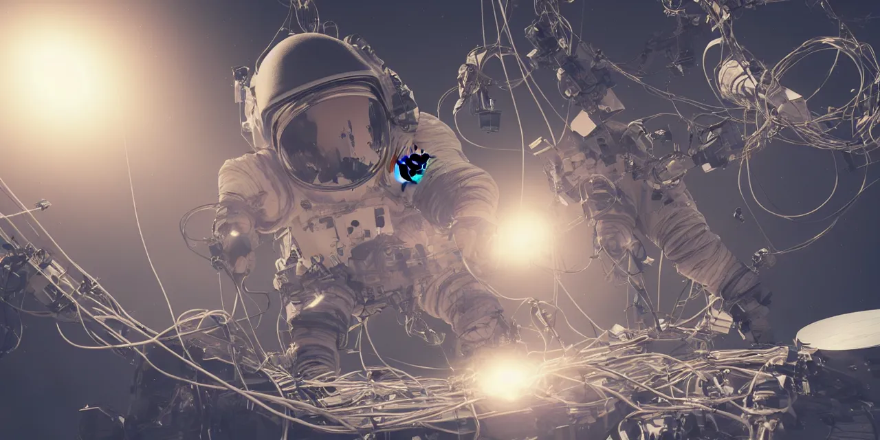 Image similar to astronaut entangled by a lot of cables connected to a supercomputer designed by Dieter Rams, cinematic lighting, haze, octane render, lens flare, 2001 a space odissey