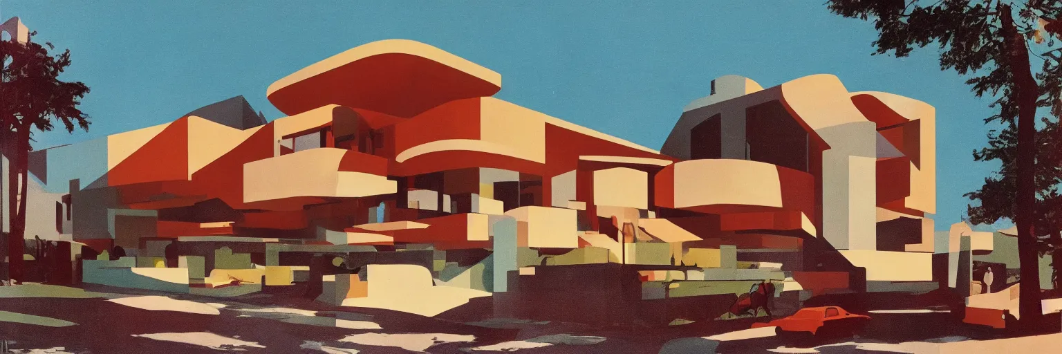 Prompt: midcentury architecture. modernism. warm colors. wide shot. imagined by ken adam.