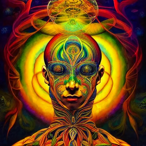 Prompt: psychedelic ayahuasca artwork of esao andrews frank xavier leyendecker, energy body, sacred geometry, esoteric art, divinity detailed, saturated colors,