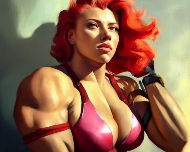 Image similar to greg manchess portrait painting of smug scarlett johansson as beautiful thick female bodybuilder zarya from overwatch, medium shot, asymmetrical, profile picture, organic painting, sunny day, matte painting, bold shapes, hard edges, street art, trending on artstation, by huang guangjian and gil elvgren and sachin teng