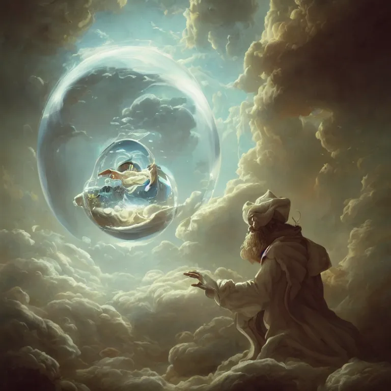 Prompt: an old wizard trapped inside a floating soap bubble among the clouds, ethereal, fantasy, style of peter mohrbacher, dramatic lighting