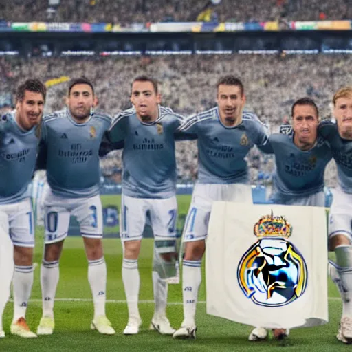 Prompt: real madrid fc team lifting a fax as a throphy