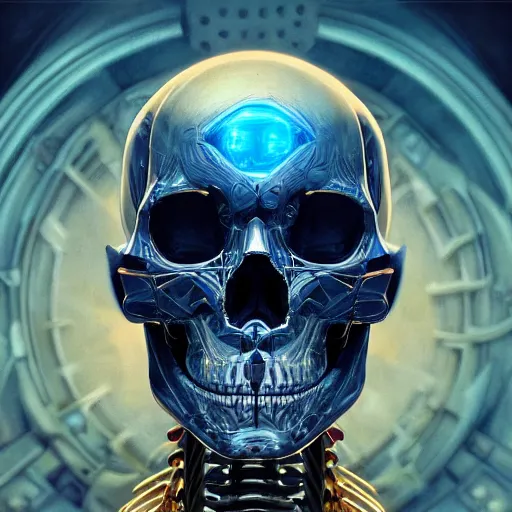 Image similar to hyperdetailed robotic skeleton head with blue human eyes, blue eyes, symetry, golden ratio, intricate, detailed, volumetric lighting, scenery, digital painting, highly detailed, artstation, sharp focus, illustration, artstation, art by artgerm and greg rutkowski and alphonse mucha