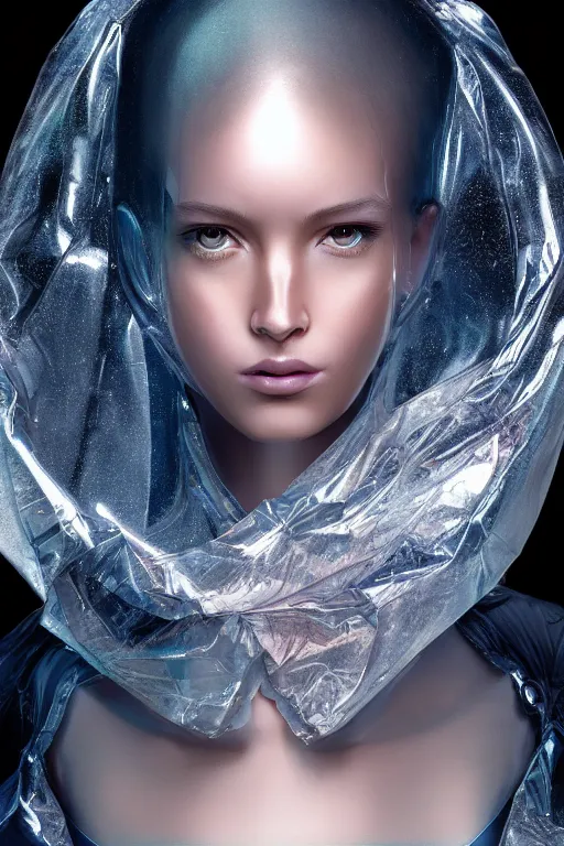 Image similar to a beautiful half body image of a futuristic android with body made of translucent plastic, long hair made of cellophane with a plastic hood and mechanical internal parts, symmetrical and realistic proportions by Irakli Nadar, tom bagshaw, Charlie Bowater with details by Jason Felix, furio tedeschi, face by ilya kuvshinov, artgerm, cinematic backlit lighting, beauty retouch, elite, photo realistic, octane render, hyper real, ultra detailed, trending on artstation pinterest and deviantart