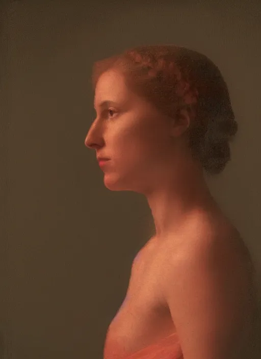 Image similar to a woman's face in profile, made of coral, in the style of the Dutch masters and Gregory Crewdson, dark and moody