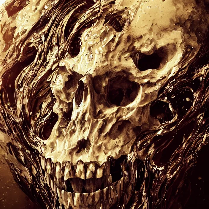 Image similar to portrait of a melting dripping skull. razor sharp teeth. burning water distortions. intricate abstract. intricate artwork. by Tooth Wu, wlop, beeple, dan mumford. octane render, trending on artstation, greg rutkowski very coherent symmetrical artwork. cinematic, hyper realism, high detail, octane render, 8k, depth of field, bokeh. iridescent accents