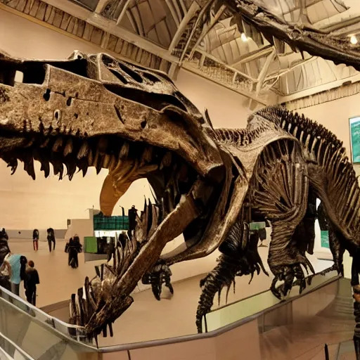 Image similar to The fossilized remains of the Dinobots in a natural history museum