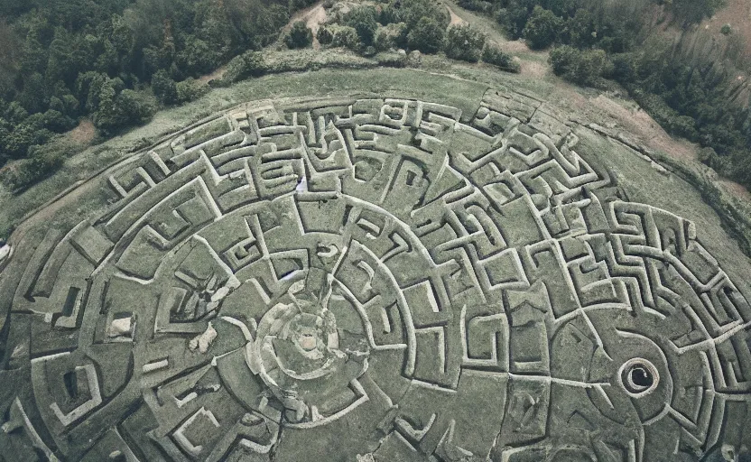 Image similar to high quality 2000s historic footage of gigantic labyrinth liminal space style megalith, color aerial photo drone, Cinestill 800t, heavy grainy picture, very detailed, high quality, 4k panoramic