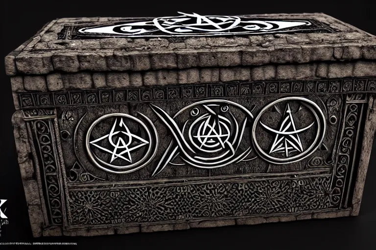 Image similar to an ancient ornate intricate old spell satanic coffin with the sigil symbol of evil emblazoned on the cover, cinematic, realistic, intricate detail, finely detailed, small details, extra detail, photorealistic, high resolution, 3 d, pbr, path tracing, volumetric lighting, octane render, arnold render, 8 k