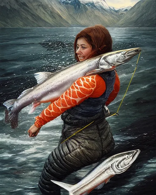 Image similar to a female astronaut catching salmon in alaska, real life skin, intricate, highly detailed, artstation, concept art, smooth, sharp focus, art by artgerm and greg rutkowski