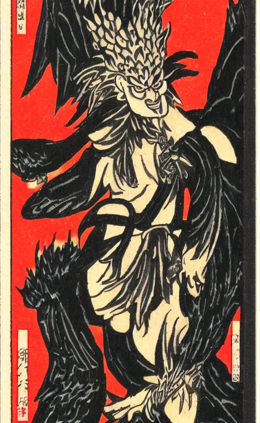 Prompt: by akio watanabe, manga art, portrait of tengu, flames, trading card front