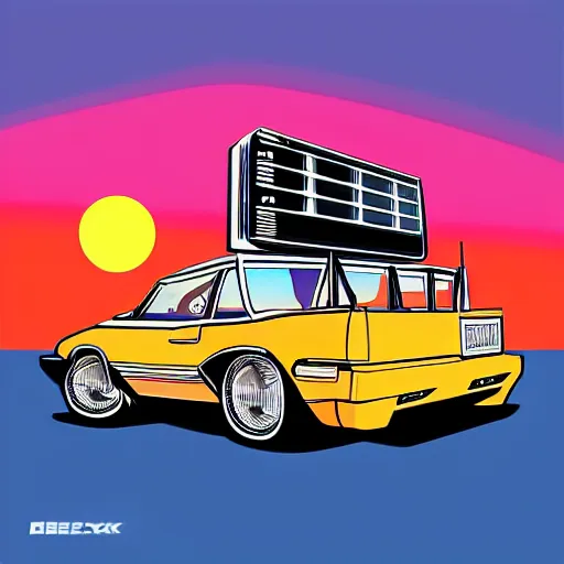 Prompt: retro box cover art of a synthwave car sitting in front of a sunset in miami, 8 0's vhs box cover art, retro, painting