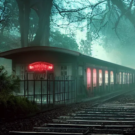 Image similar to A train station platform in the Upside Down from Stranger Things, spooky, vines everywhere, horror movie atmosphere, film still from Stranger Things