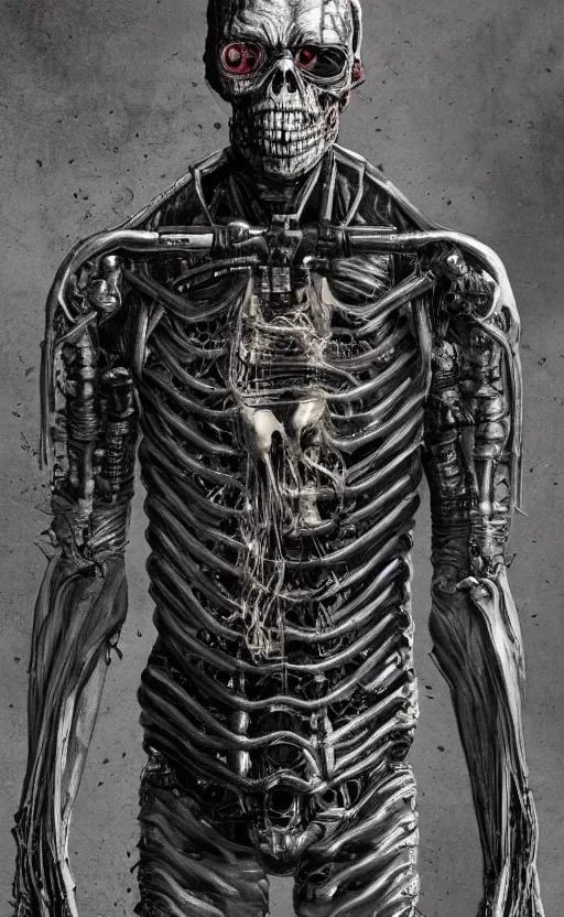 Image similar to full body portrait of terminator by wayne barlow, stanley donwood, anton semenov, zdzislaw bekinski, hr giger, 8 k, fantasy, dark, highly detailed