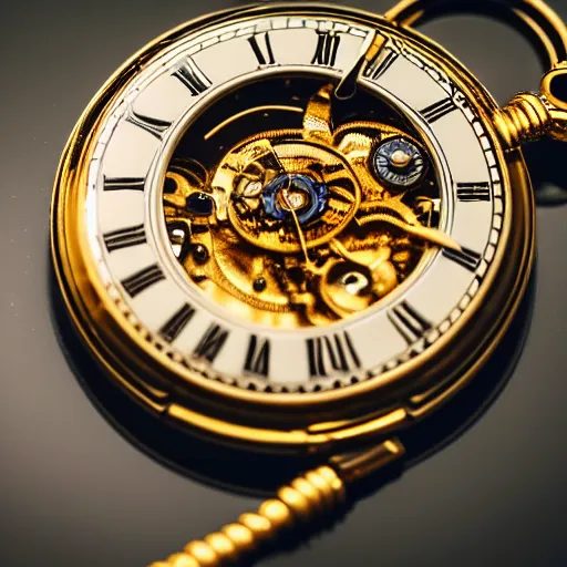 Prompt: a macro photo of a golden pocket watch