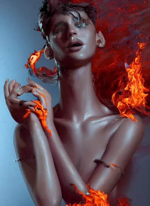 Image similar to sculpture made of flame, portrait, female, future, torch, fire, harper's bazaar, vogue, fashion magazine, intricate, concept art, close up, ornate, luxury, elite, elegant, trending on artstation, by ruan jia, by Kenneth Willardt, by ross tran, by WLOP, by Andrei Riabovitchev,