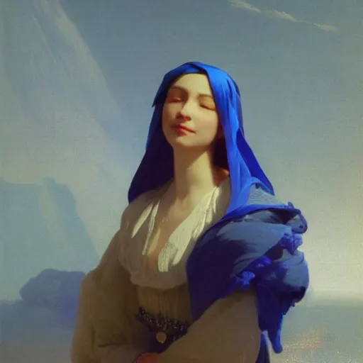 Image similar to a young woman's face, her hair is white and she wears a cobalt blue satin cloak, by ivan aivazovsky and syd mead and moebius and gaston bussiere and roger dean and pieter claesz and paul delaroche and alma tadema and aelbert cuyp and willem claesz, hyperrealistic, volumetric light, octane render