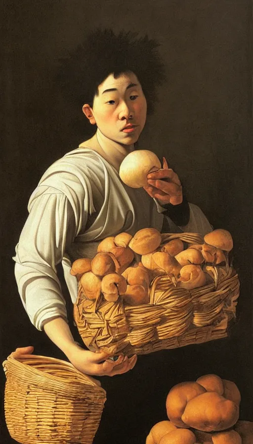 Prompt: hyperrealistic still life painting of a young man with a basket of bao by Caravaggio, botanical print