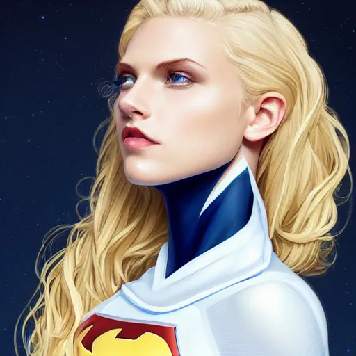 Image similar to a beautiful portrait of a beautiful cute superhero woman, blonde hair, matte navy - blue bodysuit, white cape, intricate, elegant, 8 k, highly detailed, ultradetailed, digital painting, concept art, smooth, sharp focus, illustration, disney, artgerm and loish and wlop and alphonse mucha