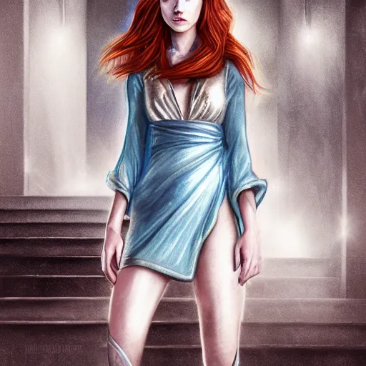 Image similar to maiden with copper hair, in blue and silver rustic wedding robes with metallic inlays, walking down a marble stairwell, realistic, mysterious lighting, muted colors, fog, highly detailed, digital painting, Artstation trending, illustration, artist style anime realism