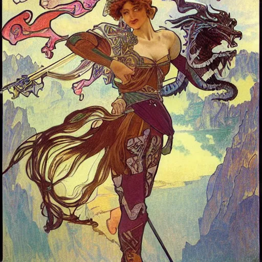 Image similar to woman in full plate armour, lance, flowing hair, fighting a dragon, painted by alphonse mucha