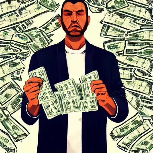 Image similar to a man holding a bunch of money to his face, gta loading screen, digital art,