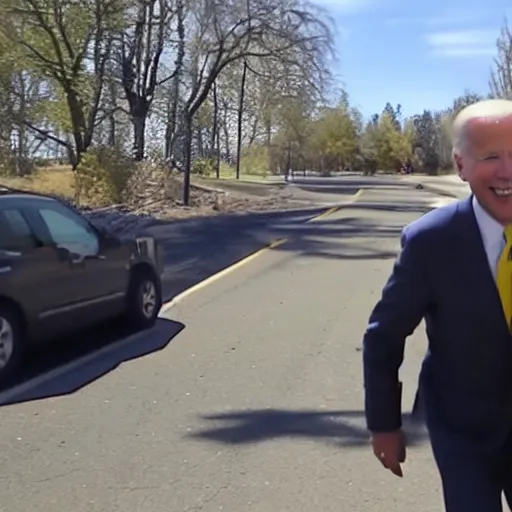 Prompt: dashcam footage of joe biden coming in to my direction to tickle me with a smile in his face