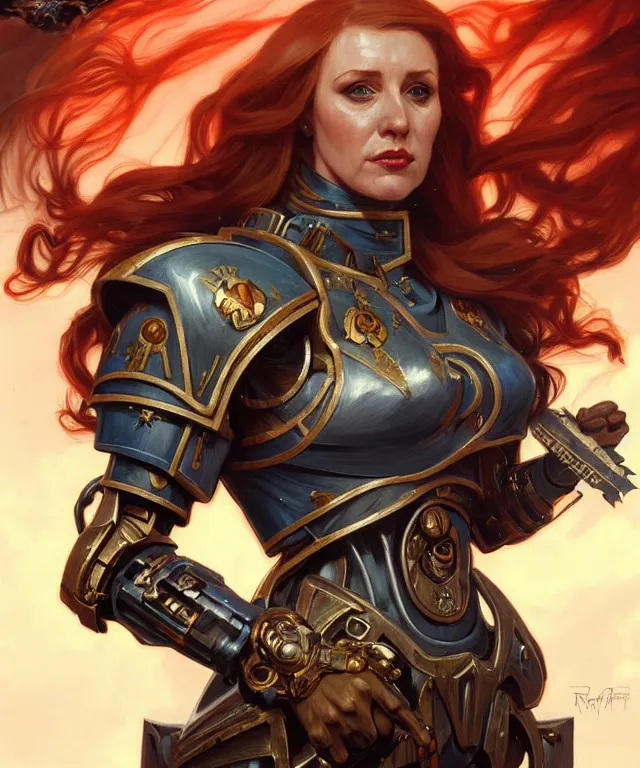 Image similar to Angela Rayner as a Warhammer 40k Battle Sister, portrait, fantasy, intricate, elegant, highly detailed, digital painting, artstation, concept art, smooth, sharp focus, illustration, art by artgerm and greg rutkowski and alphonse mucha