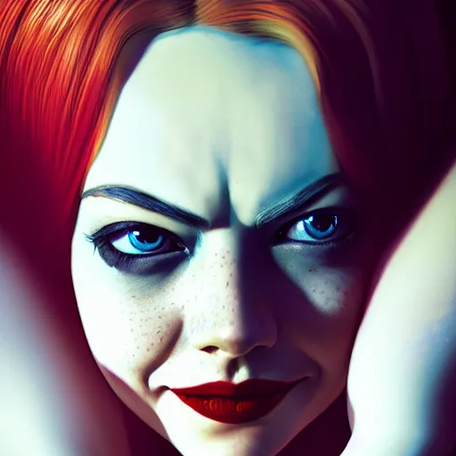 Prompt: portrait of emma stone as harley quinn, au naturel, hyper detailed, digital art, trending in artstation, cinematic lighting, studio quality, smooth render, unreal engine 5 rendered, octane rendered, art style by klimt and nixeu and ian sprigger and wlop and krenz cushart.