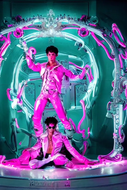 Image similar to full-body rococo and cyberpunk style neon statue of a muscular attractive Nick Jonas macho dotado e rico android sim roupa reclining con las piernas abertas e la piroca dura, glowing white laser eyes, prince crown of pink gears, diamonds, swirling silver-colored silk fabric. futuristic elements. full-length view. space robots. human skulls. intricate artwork by caravaggio. Trending on artstation, octane render, cinematic lighting from the right, hyper realism, octane render, 8k, depth of field, 3D