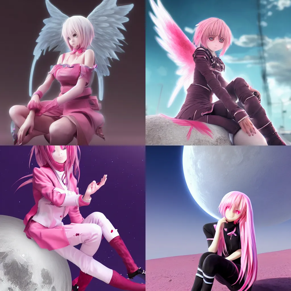 Prompt: 3D anime girl, hand painted, realistic, UHD, pink wispy hair, angel, sitting on a moon, UE4, 4k, concept art, trending on artstation, code vein