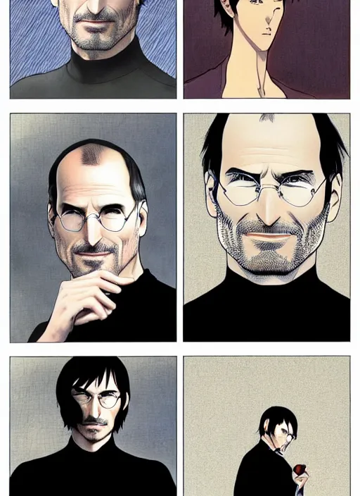 Image similar to steve jobs manga in color, final page, portrait, by katsuhiro otomo and hiroya oku and makoto yukimura