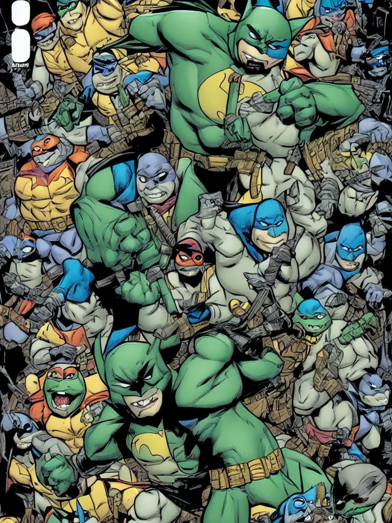 Image similar to Batman and teenage mutant Ninja turtles crossover comicbook first issue